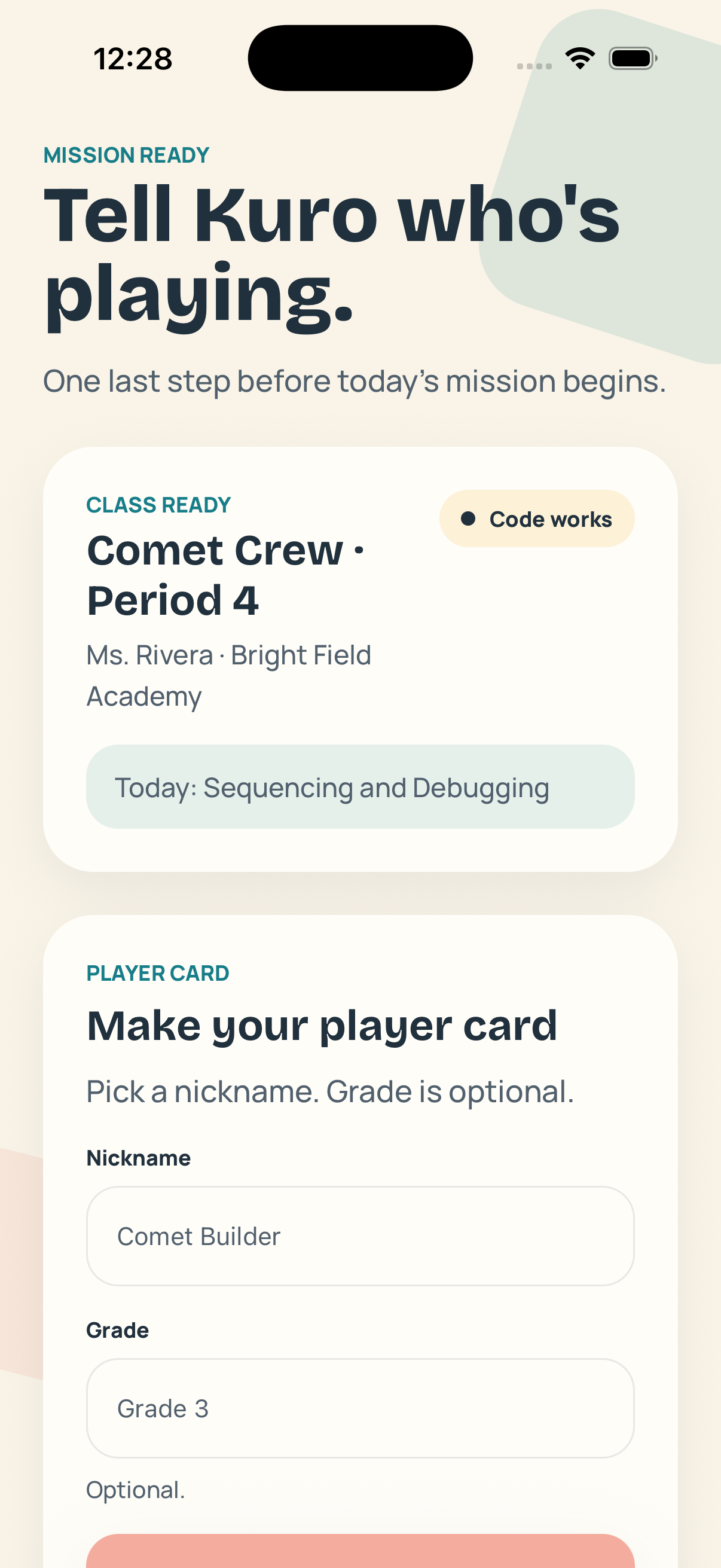 Kuros Lab kid join screen with class code entry