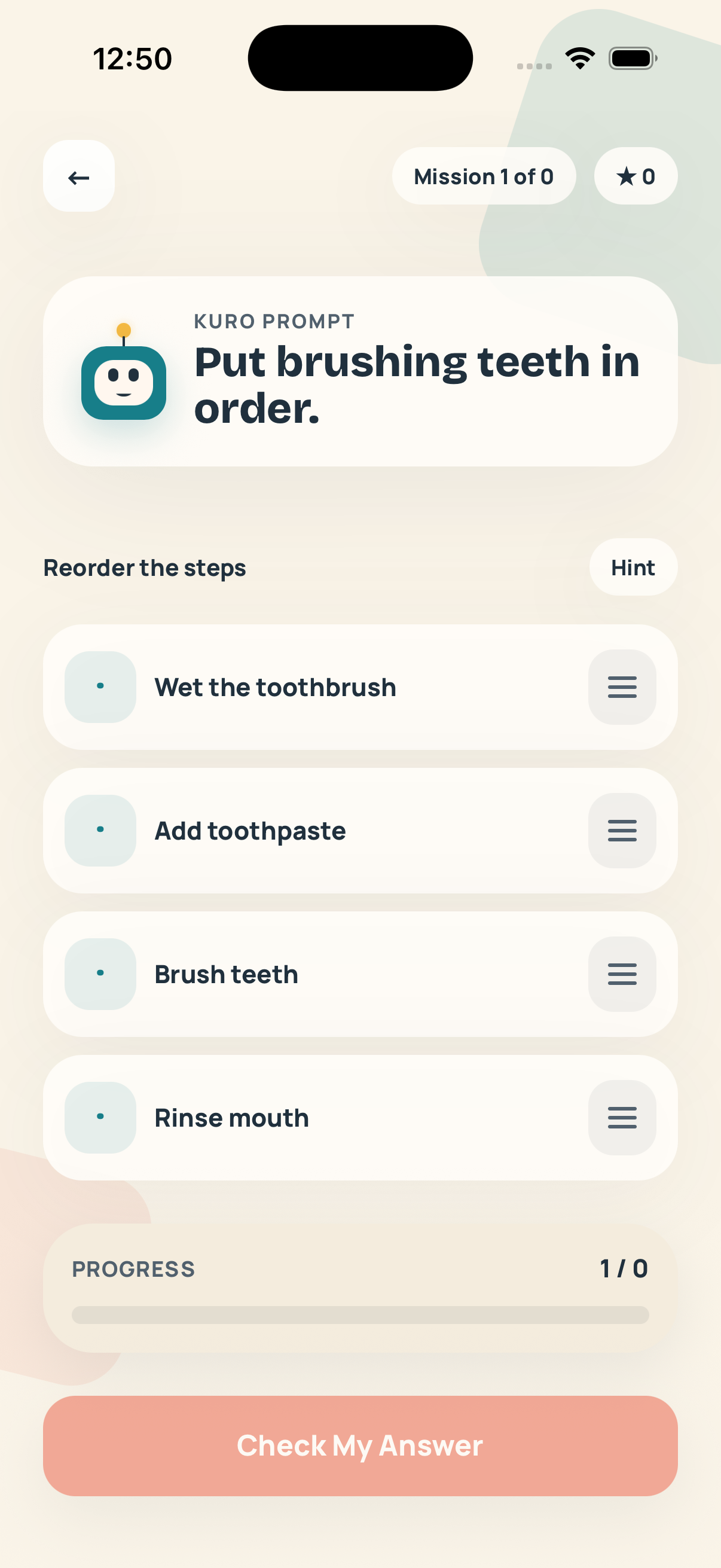 Kuros Lab put-it-in-order activity screen on iPhone