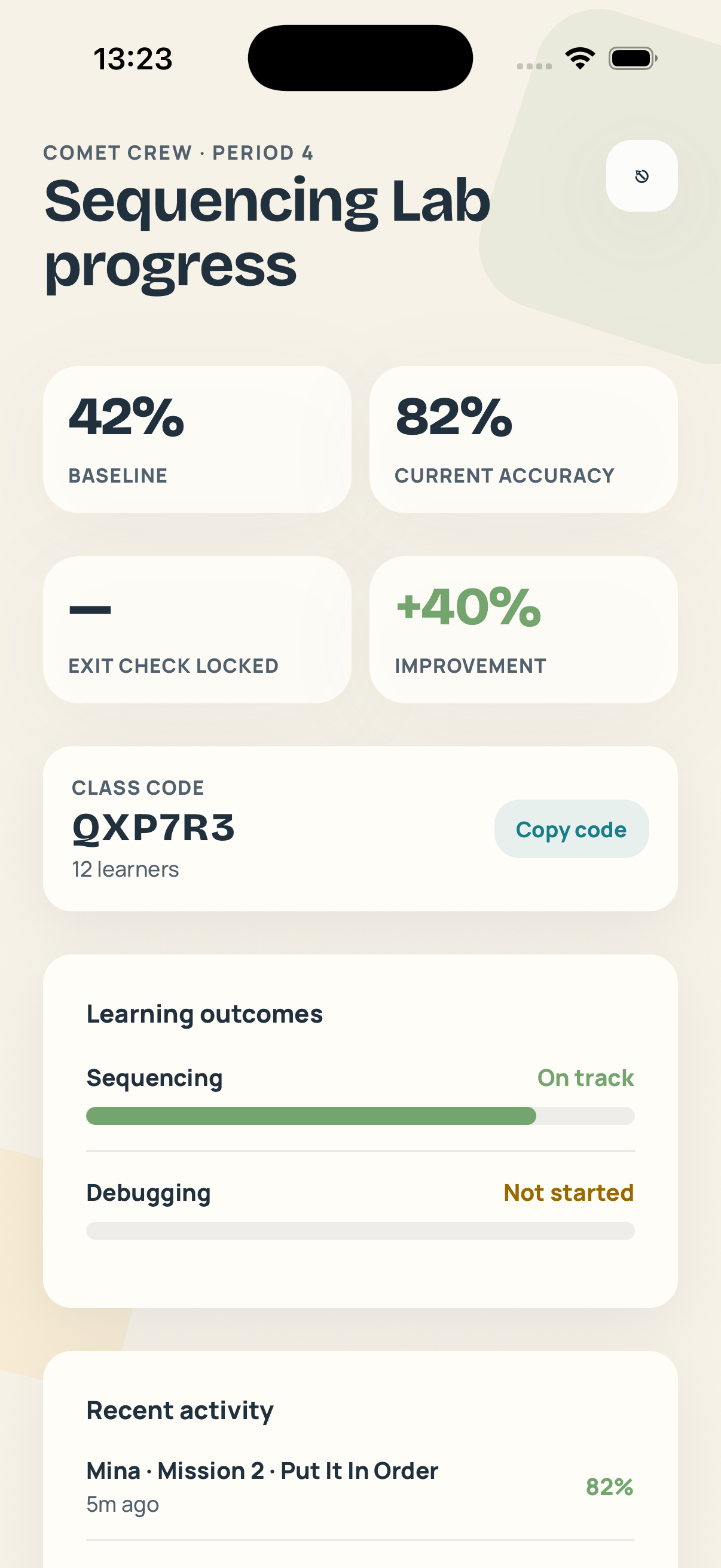 Kuros Lab adult dashboard showing class evidence and progress